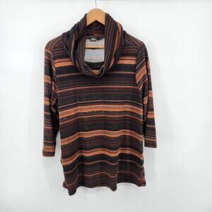 Robert Lewis Women's Large Cowl Neck Sweater Brown Black Stripes 3/4 Sleeves